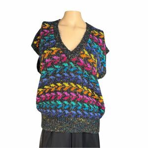 Vintage 80s/90s Multicolor V-Neck Sweater Vest – Bold Neon Knit  Description: